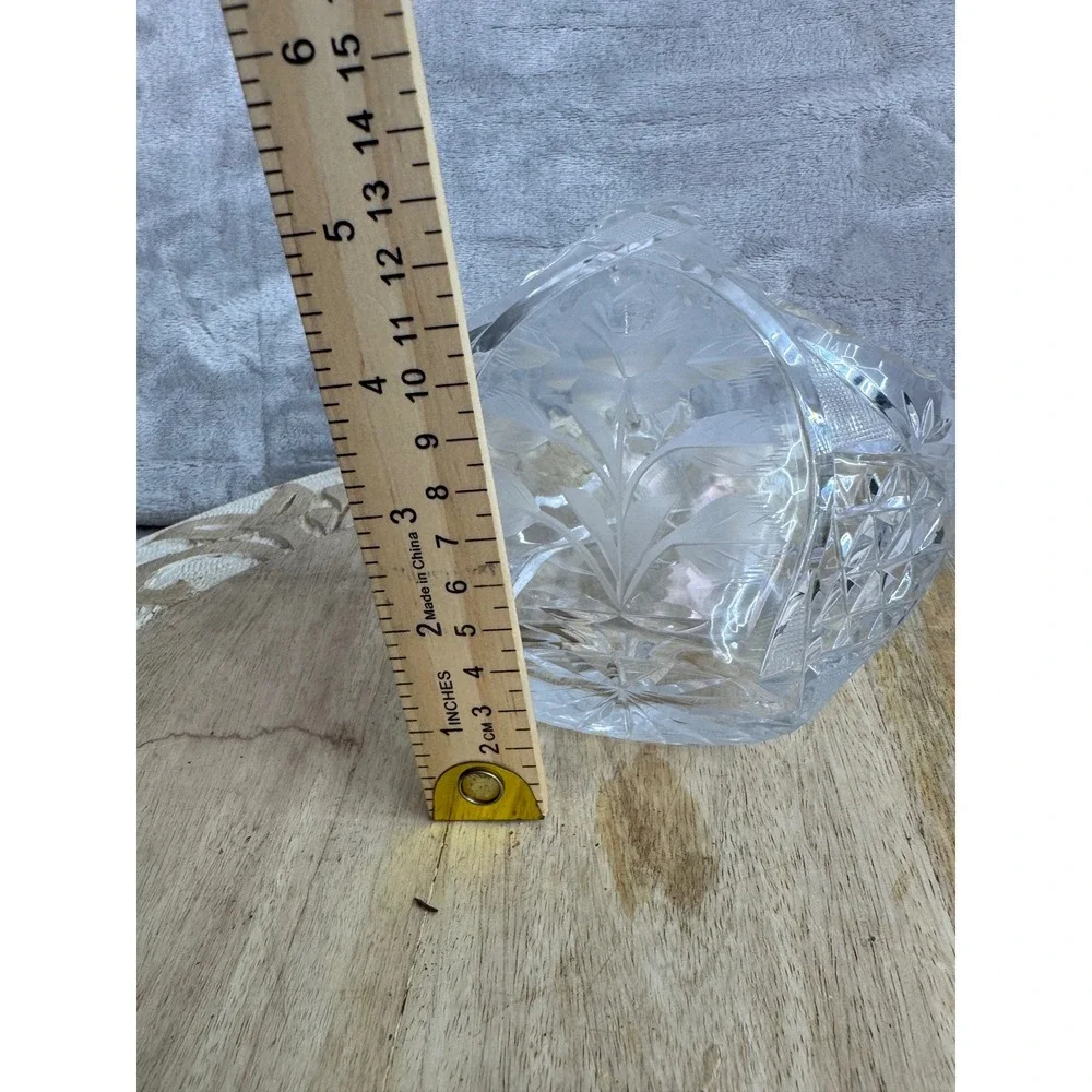 Vintage Cut Crystal Basket Frosted Rose Etched Clear Glass Floral Decor‎ 5.5in
